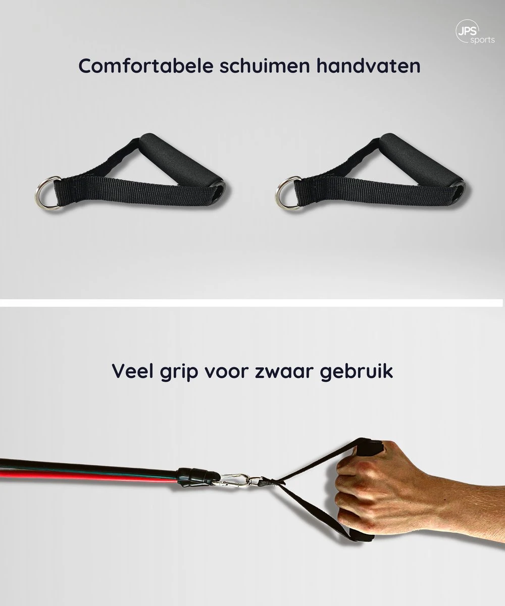 JPS Sports® Resistance Bands Set - Fitness Elastiek - Weerstandsbanden - Handvaten - Enkelbanden - Draagtas - Tot 55KG 4 JPS Sports® Resistance Bands Set - Fitness Elastiek - Weerstandsbanden - Handvaten - Enkelbanden - Draagtas - Tot 55KG - Afbeelding 2