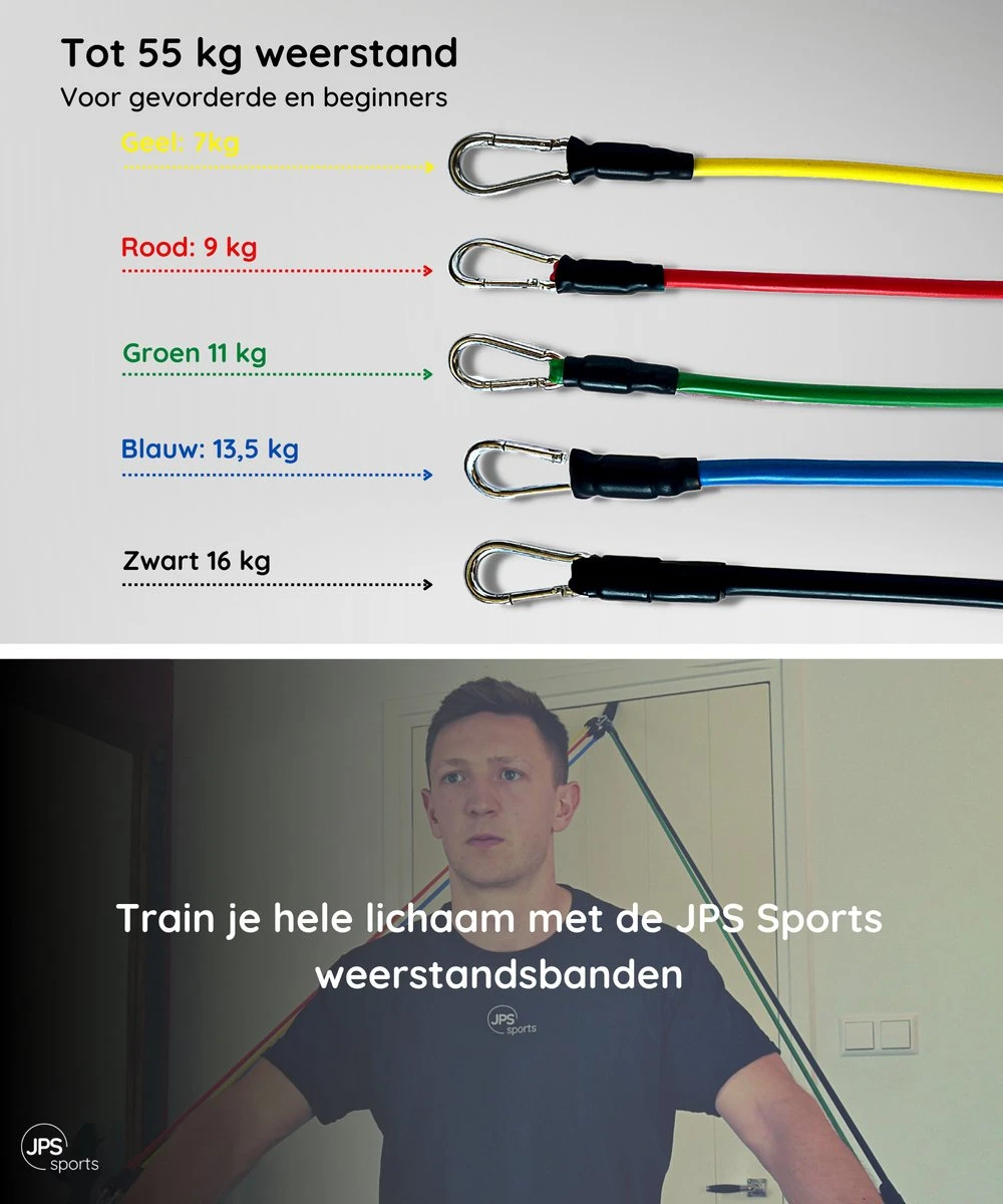 JPS Sports® Resistance Bands Set - Fitness Elastiek - Weerstandsbanden - Handvaten - Enkelbanden - Draagtas - Tot 55KG 5 JPS Sports® Resistance Bands Set - Fitness Elastiek - Weerstandsbanden - Handvaten - Enkelbanden - Draagtas - Tot 55KG - Afbeelding 3