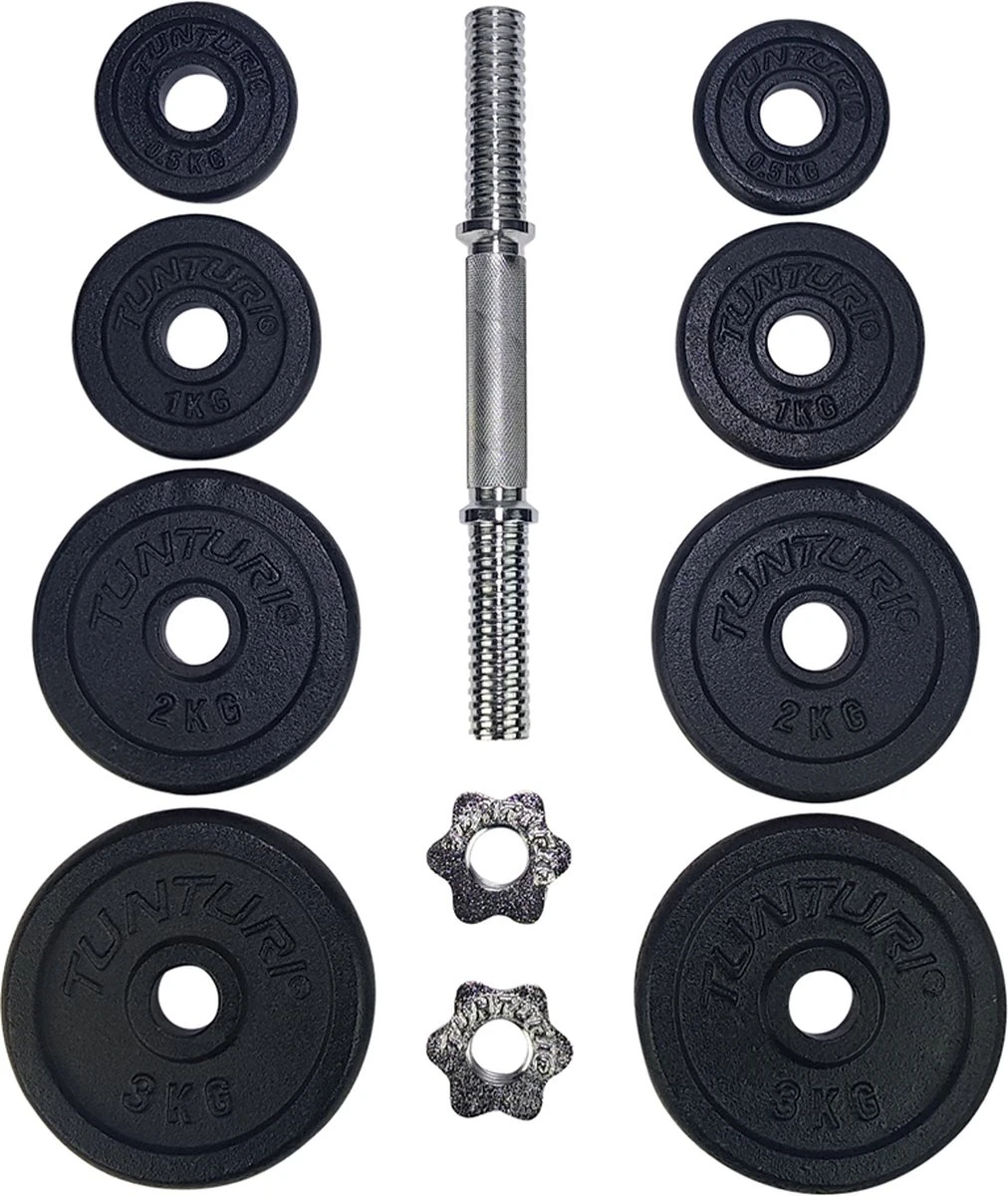 Tunturi Gewichten Gietijzer Totaal 15kg - Halterset Met Schroefsluiting - Dumbbell Set - 1 Halterstang - 30mm - Incl. Gratis Fitness App 4 Tunturi Gewichten Gietijzer Totaal 15kg - Halterset Met Schroefsluiting - Dumbbell Set - 1 Halterstang - 30mm - Incl. Gratis Fitness App - Afbeelding 2