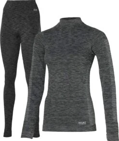 Heatkeeper Thermoset Dames Premium Techno - Thermoshirt Met Lange Mouwen En Legging - Zwart Melange - TOGwaarde 2.8 - Thermisch Isolerend Shirt En Legging - Maat L