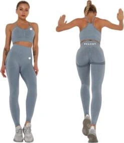 Peachy® Sportlegging Dames Met Top - Sportkleding - Sportbroek - Sportshirt - Sportoutfit - Sporttop - Yoga - Fitness Set - Scrunch Butt - Dames Legging - Fashion Legging - Broeken - Gym Sports - Blauw - Maat S - High Waist