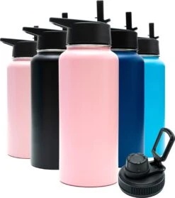Bidon - Pastel Pink - 1 Liter - Extra Dop Met Rietje & Drinktuit - Bidon Met Rietje - Isoleerfles - BPA Vrij - Lekvrij - Bidon 1 Liter