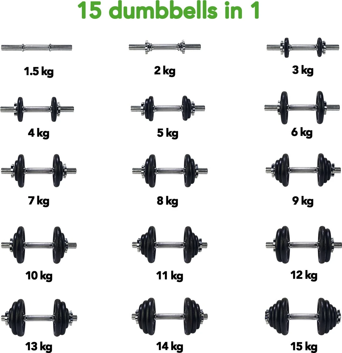 Tunturi Gewichten Gietijzer Totaal 15kg - Halterset Met Schroefsluiting - Dumbbell Set - 1 Halterstang - 30mm - Incl. Gratis Fitness App 5 Tunturi Gewichten Gietijzer Totaal 15kg - Halterset Met Schroefsluiting - Dumbbell Set - 1 Halterstang - 30mm - Incl. Gratis Fitness App - Afbeelding 3