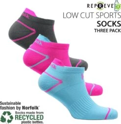 Norfolk - Hardlopen - Eco-vriendelijke Repreve® - 3 Paar - Low Cut Sportsokken - Hardloopsokken - Maat 39-42 - Sokken Dames - Fuschia/Teal/Grijs - Caretta