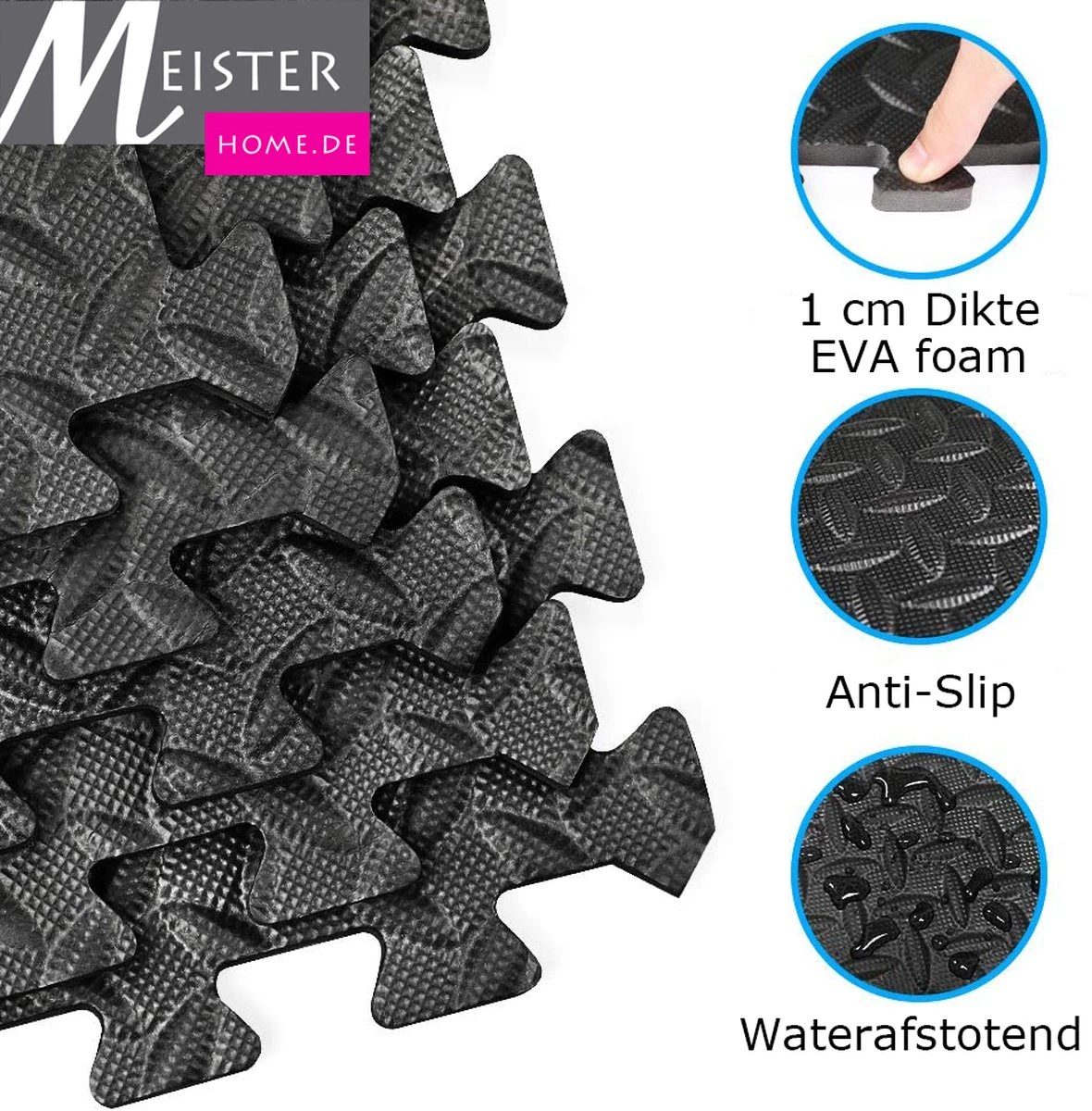 Meisterhome ® Geluidsdempende Sport EVA Puzzelmat Set - Waterdichte Fitness Mat Met Mooie Afgewerkte Randen - Zachte Yogamat Easy Installeren/schoonmaken - Fitnessruimte/meditatie - Warmte Isolerend - 60 X 60 X 1 Cm - 15 Stuks 5.40 M²- Zwart 6 Meisterhome ® Geluidsdempende Sport EVA Puzzelmat Set - Waterdichte Fitness Mat Met Mooie Afgewerkte Randen - Zachte Yogamat Easy Installeren/schoonmaken - Fitnessruimte/meditatie - Warmte Isolerend - 60 X 60 X 1 Cm - 15 Stuks 5.40 M²- Zwart - Afbeelding 4