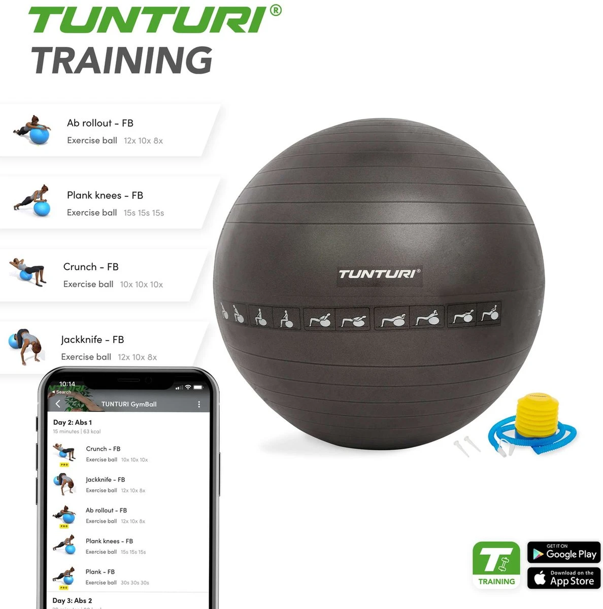 Tunturi Fitnessbal - Gymball - Swiss Ball - 75 Cm - Anti Burst - Inclusief Pomp - Zwart - Incl. Gratis Fitness App 9 Tunturi Fitnessbal - Gymball - Swiss Ball - 75 Cm - Anti Burst - Inclusief Pomp - Zwart - Incl. Gratis Fitness App - Afbeelding 7