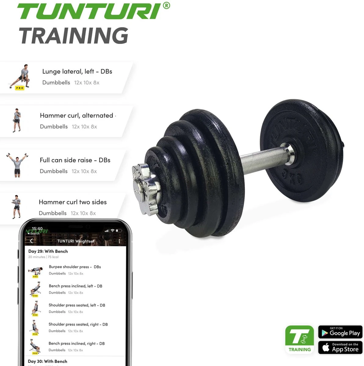 Tunturi Gewichten Gietijzer Totaal 15kg - Halterset Met Schroefsluiting - Dumbbell Set - 1 Halterstang - 30mm - Incl. Gratis Fitness App 12 Tunturi Gewichten Gietijzer Totaal 15kg - Halterset Met Schroefsluiting - Dumbbell Set - 1 Halterstang - 30mm - Incl. Gratis Fitness App - Afbeelding 10