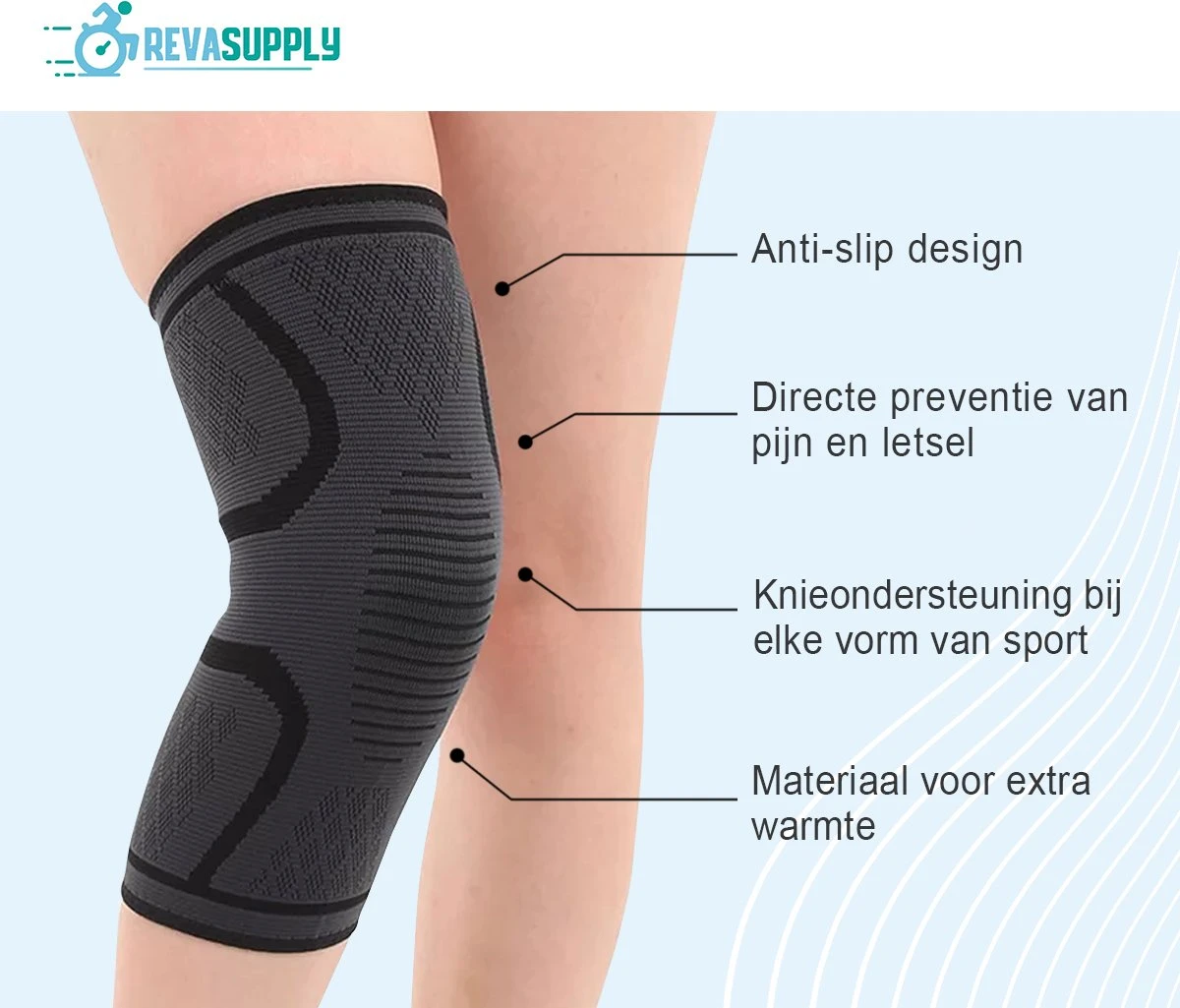Revasupply™ - Kniebraces - 2 Stuks - Maat M - Knie Bandage - Knie Sleeve - Knie Compressie - Blessures - Sport - Unisex - Zwart/grijs - 37-41 Cm - Inclusief E-book 4 Revasupply™ - Kniebraces - 2 Stuks - Maat M - Knie Bandage - Knie Sleeve - Knie Compressie - Blessures - Sport - Unisex - Zwart/grijs - 37-41 Cm - Inclusief E-book - Afbeelding 2