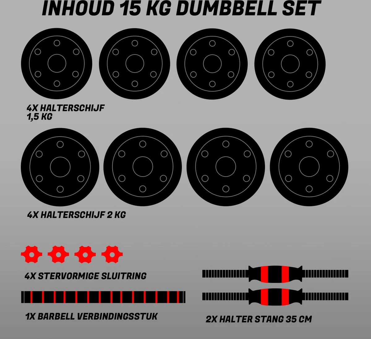 ForzaFit Halterset 15kg - Dumbbelset - Barbell Halterstang Met Gewichten - Fitness Stang - Zwart 5 ForzaFit Halterset 15kg - Dumbbelset - Barbell Halterstang Met Gewichten - Fitness Stang - Zwart - Afbeelding 3