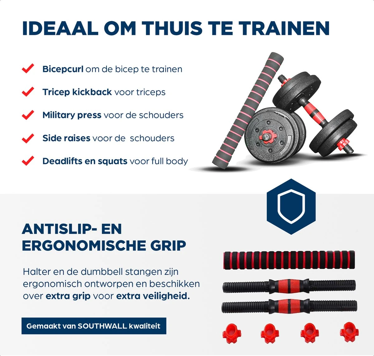 SOUTHWALL Dumbbells Set Verstelbaar Met Halterstang Tot 15kg – Verstelbare Halterset – Fitness Stang – Fitness Gewichten Set – Professionele 2-in-1 Dumbbellset – Gebruiksvriendelijk – Multifunctioneel – Dumbell Set 15 Kg – Rood 4 SOUTHWALL Dumbbells Set Verstelbaar Met Halterstang Tot 15kg – Verstelbare Halterset – Fitness Stang – Fitness Gewichten Set – Professionele 2-in-1 Dumbbellset – Gebruiksvriendelijk – Multifunctioneel – Dumbell Set 15 Kg – Rood - Afbeelding 2