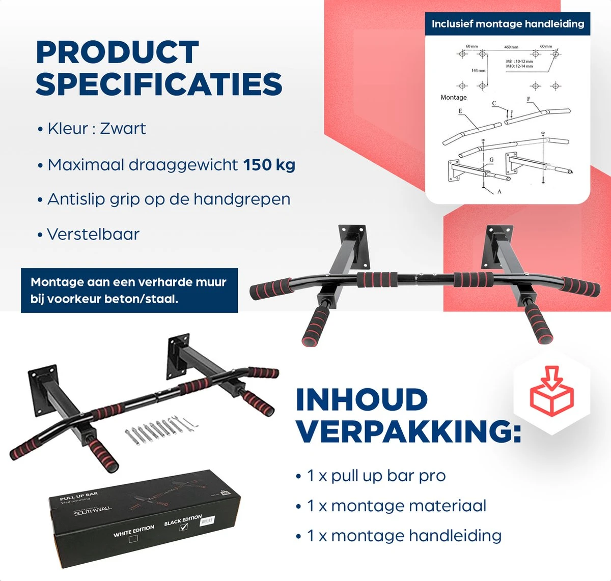 Merkloos Pull Up Bar - Optrekstang Fitness - Chin Up Bar - Pullup Bar - Pull Up Station - Pull Up Stang - Optrekstang Wandmontage - Krachttraining - Wandstang 11 Merkloos Pull Up Bar - Optrekstang Fitness - Chin Up Bar - Pullup Bar - Pull Up Station - Pull Up Stang - Optrekstang Wandmontage - Krachttraining - Wandstang - Afbeelding 9