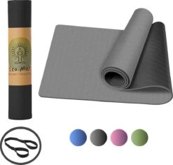 Eco Yoga Mat - Inclusief Draagriem - Fitness MatAnti Slip - Extra Dik (6 Mm) - 183 X 61 X 0,6 Cm - Zwart - Diverse Kleuren