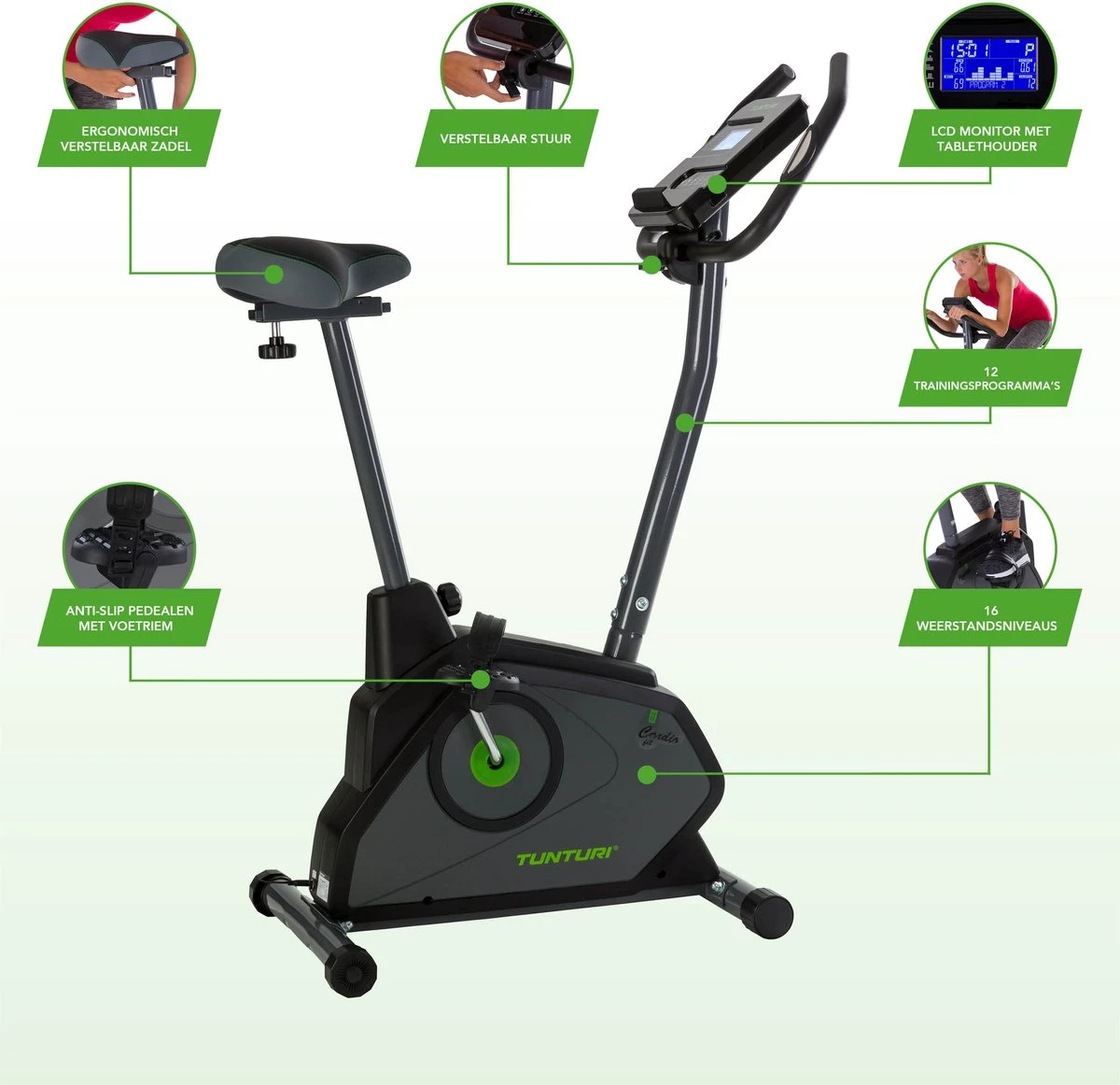 Tunturi Cardio Fit E30 Hometrainer - Fitnessfiets Met Ergometer - 12 Trainingsprogramma's - Verstelbaar - Ergonomisch 10 Tunturi Cardio Fit E30 Hometrainer - Fitnessfiets Met Ergometer - 12 Trainingsprogramma's - Verstelbaar - Ergonomisch - Afbeelding 8