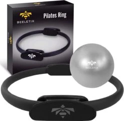 Beeletix Pilates Ring En Mini Pilates Ball Set Inclusief Trainingsschema - Yoga Ring - Fitness Ring - Magic Circle - Weerstandsring - Zwart - Ø 38cm
