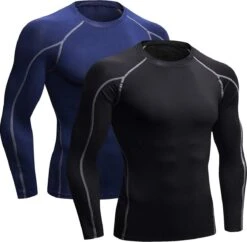 Merkloos Compressieshirt Voor Heren - Thermisch - Thermoshirt - Lange Mouwen - Fitness - Sportshirt - Hardloopshirt - Longsleeve Compressie Shirt - Maat XL - 2 Stuks 1 + 1 Gratis - Zwart En Navy