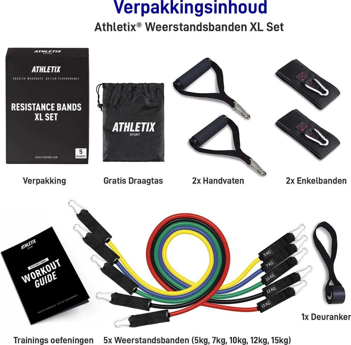 Athletix Weerstandsbanden XL Set - Handvaten - Enkelbanden - Gratis Draagtas & Oefeningen - 5 Resistance Bands 4 Athletix Weerstandsbanden XL Set - Handvaten - Enkelbanden - Gratis Draagtas & Oefeningen - 5 Resistance Bands - Afbeelding 2
