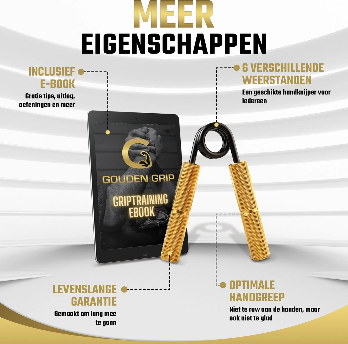 Gouden Grip Handknijper Level 3 (68kg) + GRATIS Griptraining E-book - Handtrainer - Handgripper - Handknijper Fitness - Knijphalter - Onderarm Trainer - Heavy Grip - Buigveer 5 Gouden Grip Handknijper Level 3 (68kg) + GRATIS Griptraining E-book - Handtrainer - Handgripper - Handknijper Fitness - Knijphalter - Onderarm Trainer - Heavy Grip - Buigveer - Afbeelding 3