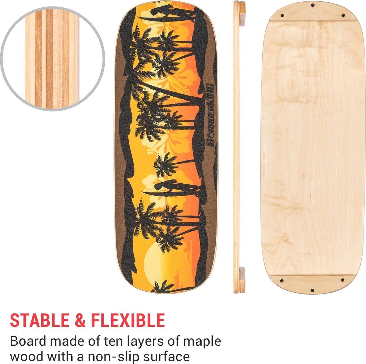 BoarderKING Indoorboard Classic Balance Board + Mat + Rol Hout/kurk Geel 7 BoarderKING Indoorboard Classic Balance Board + Mat + Rol Hout/kurk Geel - Afbeelding 5