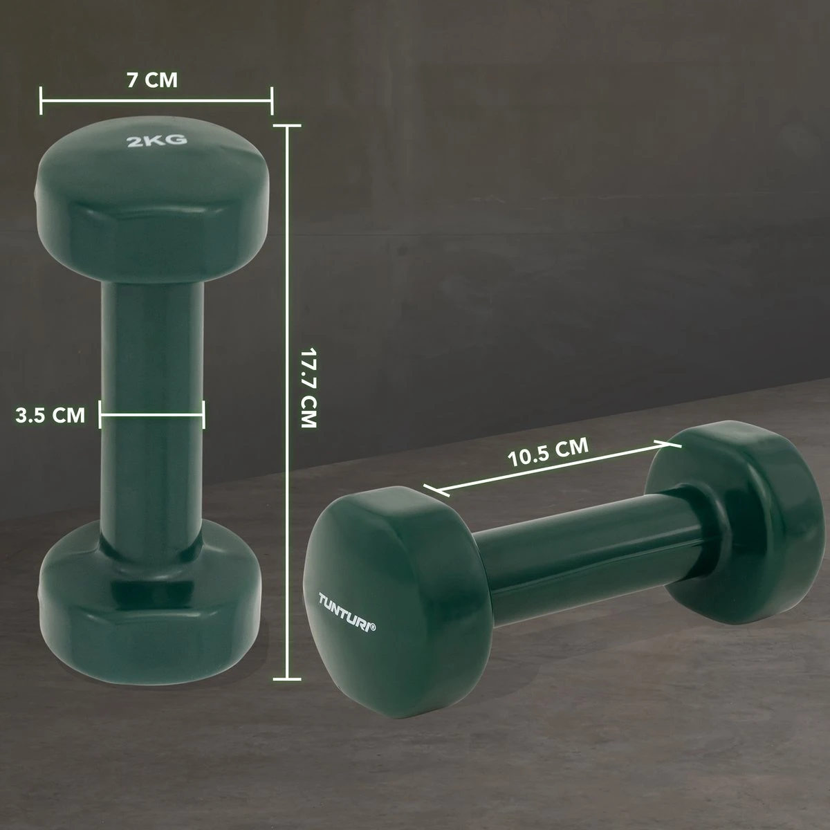 Tunturi Dumbbell Set - 2 X 2,0 Kg - Vinyl - Groen - Incl. Gratis Fitness App 5 Tunturi Dumbbell Set - 2 X 2,0 Kg - Vinyl - Groen - Incl. Gratis Fitness App - Afbeelding 3