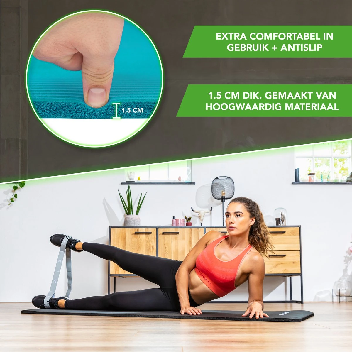 Tunturi Fitnessmat - Yogamat - Sportmat Gemaakt Van Zacht NBR Materiaal - 180 X 60 X 1,5cm - Turquoise- Incl. Gratis Fitness App 4 Tunturi Fitnessmat - Yogamat - Sportmat Gemaakt Van Zacht NBR Materiaal - 180 X 60 X 1,5cm - Turquoise- Incl. Gratis Fitness App - Afbeelding 2