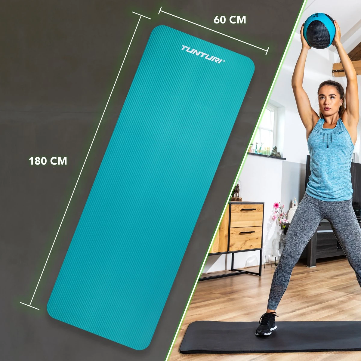 Tunturi Fitnessmat - Yogamat - Sportmat Gemaakt Van Zacht NBR Materiaal - 180 X 60 X 1,5cm - Turquoise- Incl. Gratis Fitness App 6 Tunturi Fitnessmat - Yogamat - Sportmat Gemaakt Van Zacht NBR Materiaal - 180 X 60 X 1,5cm - Turquoise- Incl. Gratis Fitness App - Afbeelding 4