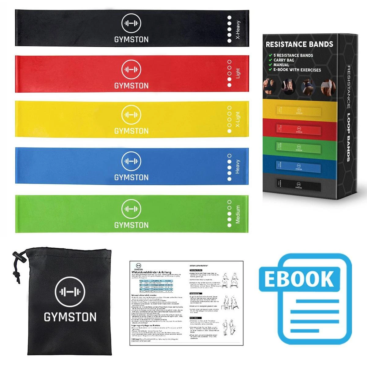 Gymston - 5 Sport Elastiek Banden Set/ Fitness Elastiek - Inclusief Draagtas En E-Book(pdf) + Handleiding Met Weerstandsbanden Oefeningen! 4 Gymston - 5 Sport Elastiek Banden Set/ Fitness Elastiek - Inclusief Draagtas En E-Book(pdf) + Handleiding Met Weerstandsbanden Oefeningen! - Afbeelding 2