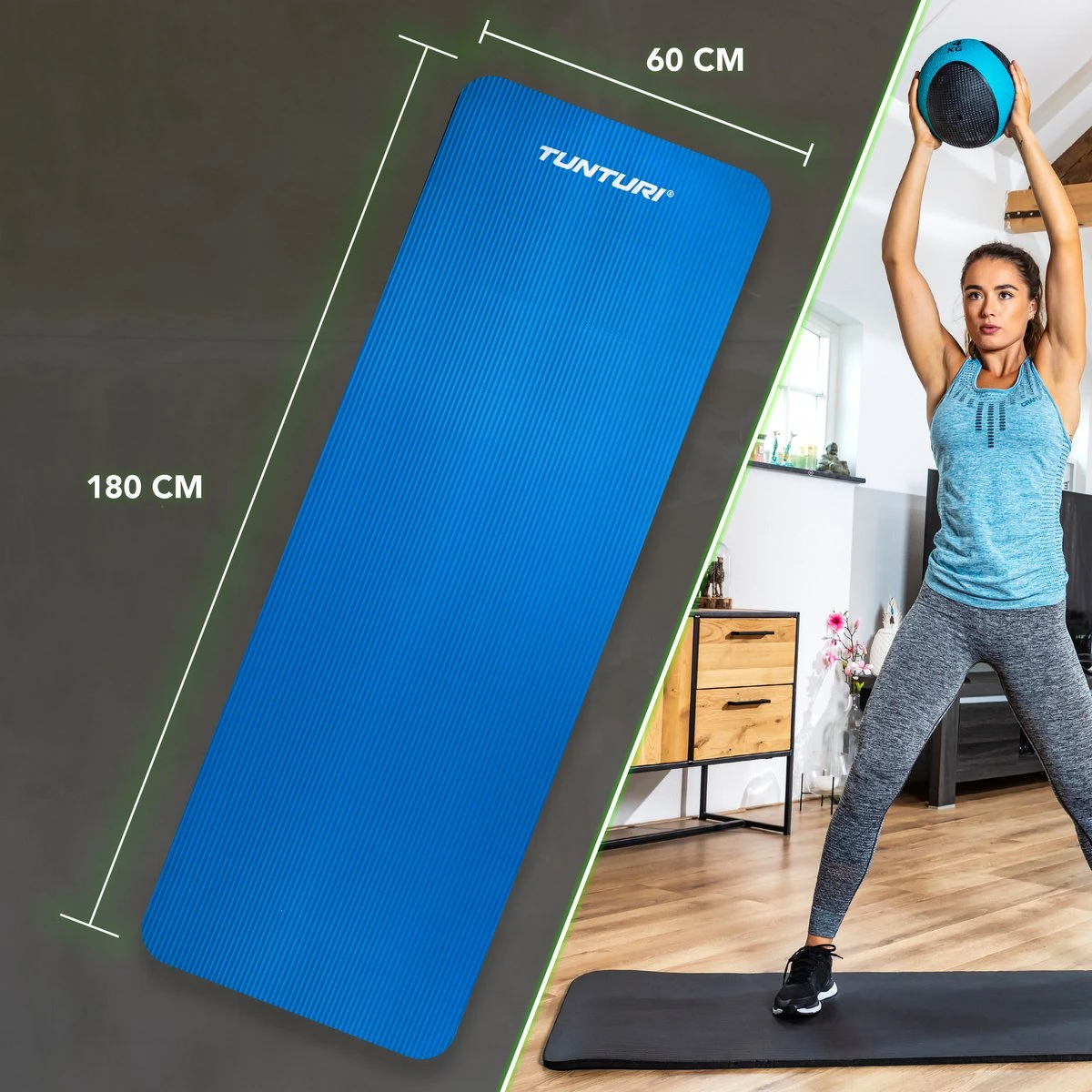 Tunturi Fitnessmat - Yogamat - Sportmat Gemaakt Van Zacht NBR Materiaal - 180 X 60 X 1,5cm - Blauw - Incl. Gratis Fitness App 6 Tunturi Fitnessmat - Yogamat - Sportmat Gemaakt Van Zacht NBR Materiaal - 180 X 60 X 1,5cm - Blauw - Incl. Gratis Fitness App - Afbeelding 4