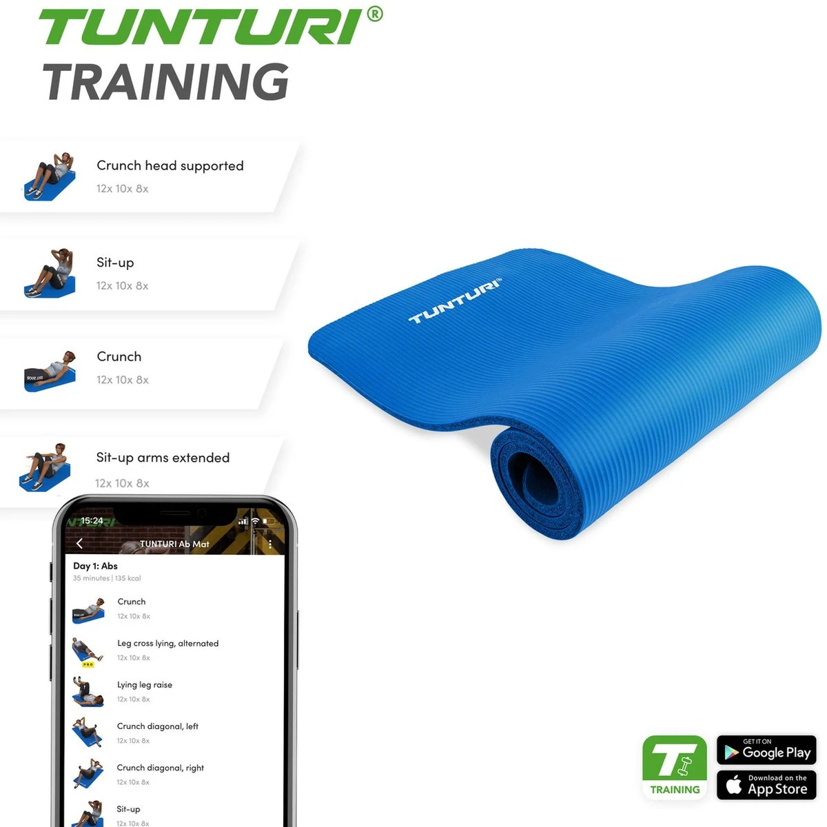 Tunturi Fitnessmat - Yogamat - Sportmat Gemaakt Van Zacht NBR Materiaal - 180 X 60 X 1,5cm - Blauw - Incl. Gratis Fitness App 8 Tunturi Fitnessmat - Yogamat - Sportmat Gemaakt Van Zacht NBR Materiaal - 180 X 60 X 1,5cm - Blauw - Incl. Gratis Fitness App - Afbeelding 6