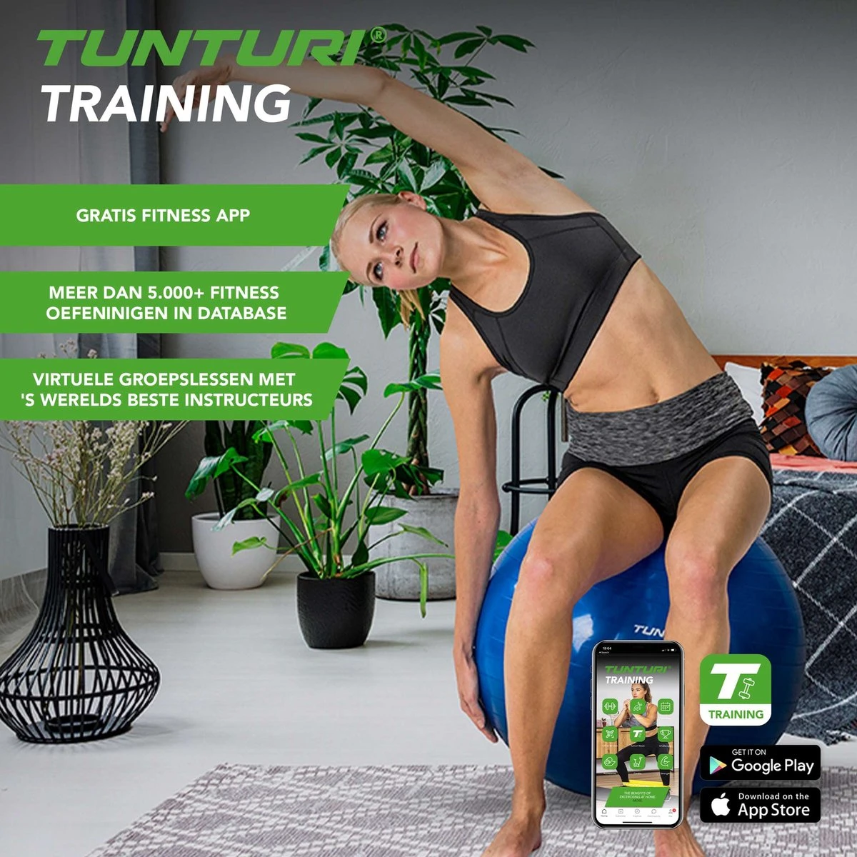 Tunturi Fitness Bal - Yoga Bal Inclusief Pomp - Pilates Bal - Zwangerschaps Bal - 55 Cm - Kleur: Zwart - Incl. Gratis Fitness App 6 Tunturi Fitness Bal - Yoga Bal Inclusief Pomp - Pilates Bal - Zwangerschaps Bal - 55 Cm - Kleur: Zwart - Incl. Gratis Fitness App - Afbeelding 4