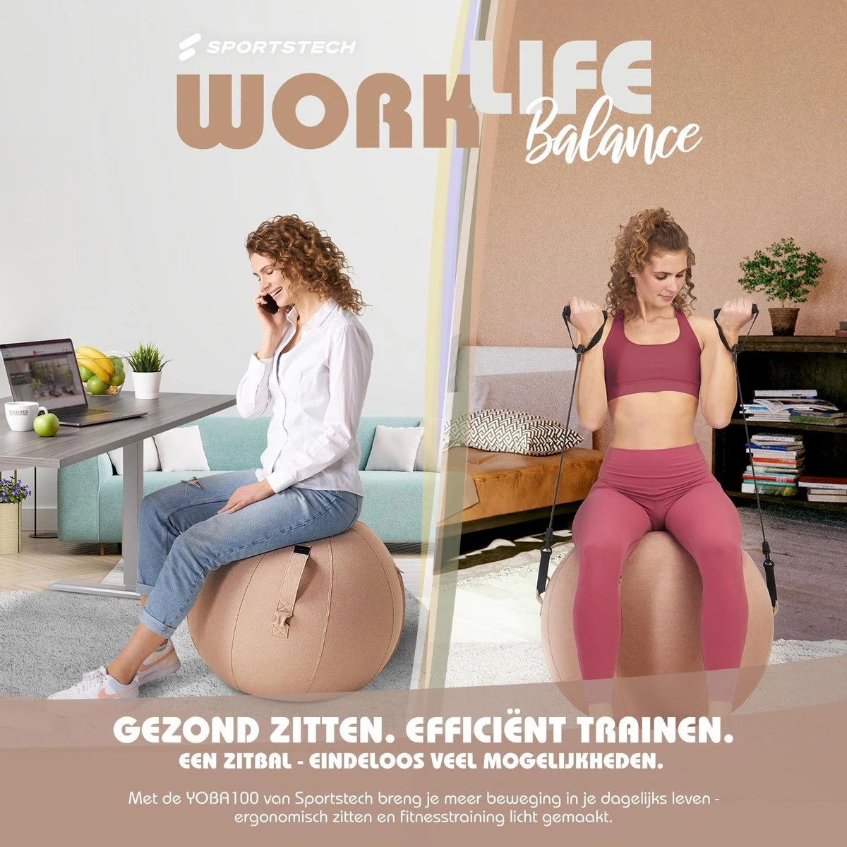 Sportstech Fitnessbal - Zitbal - Ergnomisch Voor Yoga, Pilates, Zwangerschap & Homegym - YOBA100 7 Sportstech Fitnessbal - Zitbal - Ergnomisch Voor Yoga, Pilates, Zwangerschap & Homegym - YOBA100 - Afbeelding 5
