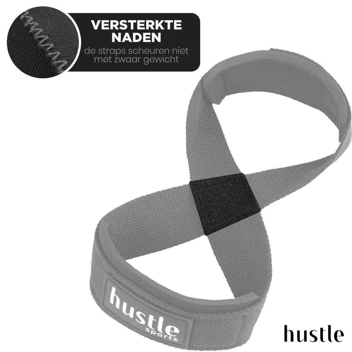 Hustle - Zwarte/Grijze Figure 8 Straps - Met Padding - Padded - Lifting Grips/Hooks/Straps - Maat S - 1 Paar 4 Hustle - Zwarte/Grijze Figure 8 Straps - Met Padding - Padded - Lifting Grips/Hooks/Straps - Maat S - 1 Paar - Afbeelding 2