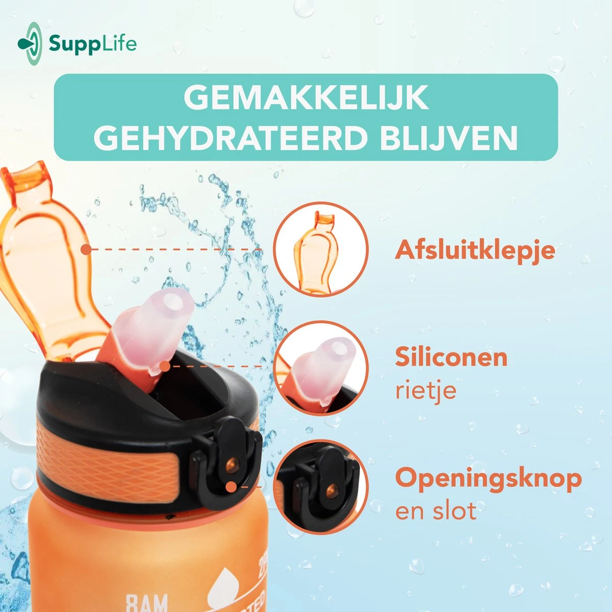 Supplife Bidon - 1 Liter - Met Rietje - BPA Vrij - Oranje Cyaan - Inclusief Schoonmaakborstel 4 Supplife Bidon - 1 Liter - Met Rietje - BPA Vrij - Oranje Cyaan - Inclusief Schoonmaakborstel - Afbeelding 2