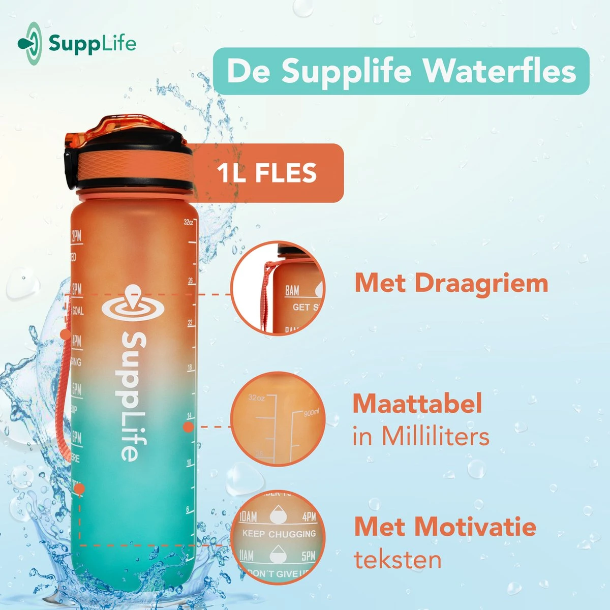Supplife Bidon - 1 Liter - Met Rietje - BPA Vrij - Oranje Cyaan - Inclusief Schoonmaakborstel 7 Supplife Bidon - 1 Liter - Met Rietje - BPA Vrij - Oranje Cyaan - Inclusief Schoonmaakborstel - Afbeelding 5
