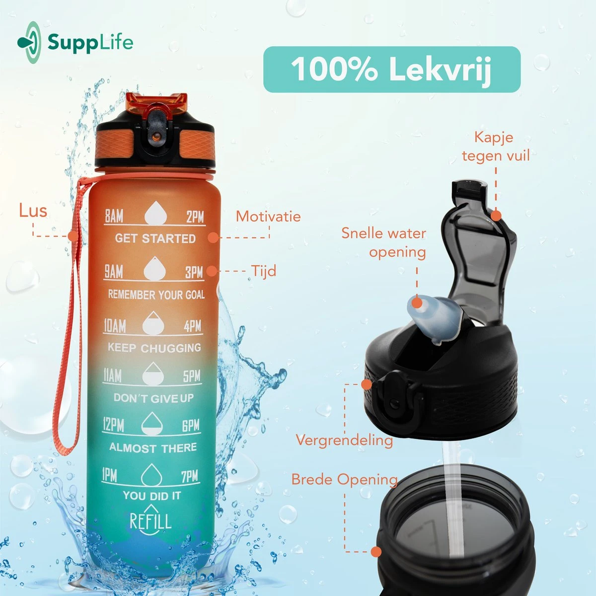 Supplife Bidon - 1 Liter - Met Rietje - BPA Vrij - Oranje Cyaan - Inclusief Schoonmaakborstel 12 Supplife Bidon - 1 Liter - Met Rietje - BPA Vrij - Oranje Cyaan - Inclusief Schoonmaakborstel - Afbeelding 10