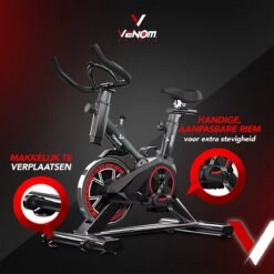 Venom Sports Hometrainer Fiets – Fitness Fiets – Professionele Indoor Cycle Met Lage Instap – Hometrainer Fitness – Hoge Stabiliteit – Spinningfiets – Cardio Bike – LCD Scherm – Verstelbaar – V-belt Aandrijving – Tot 175cm En 150kg – Zwart/Rood -Merkloos Winkel 1200x1200 5047