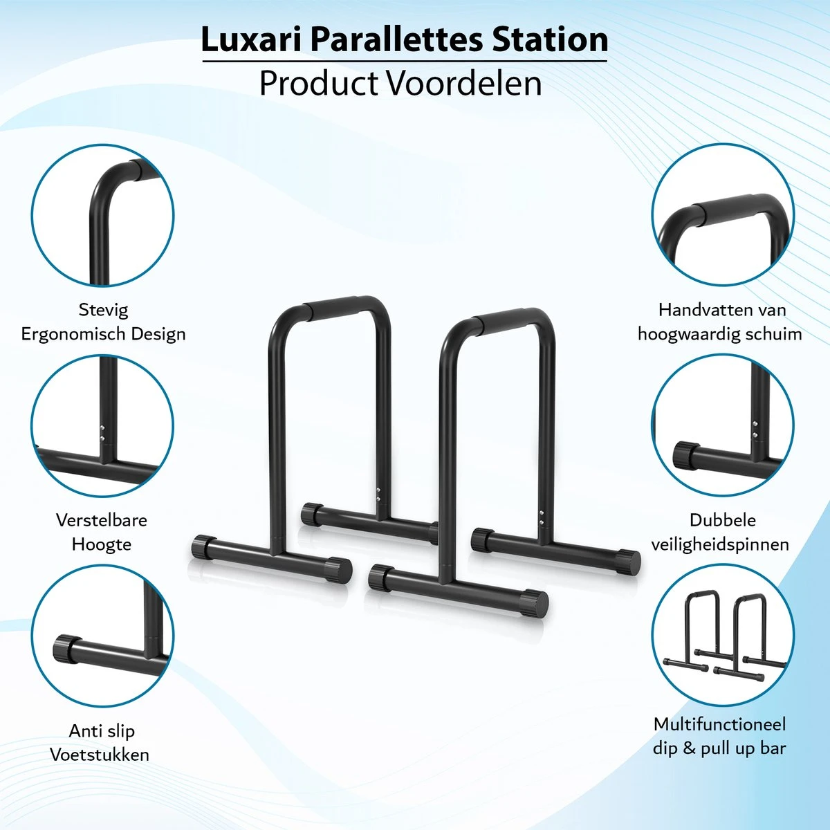 Luxari - Verstelbare Parallettes Pro - 80-90 Cm Hoogte - Anti-slip - Dip Bar - Dip Station - Krachtstation - Zwart 4 Luxari - Verstelbare Parallettes Pro - 80-90 Cm Hoogte - Anti-slip - Dip Bar - Dip Station - Krachtstation - Zwart - Afbeelding 2
