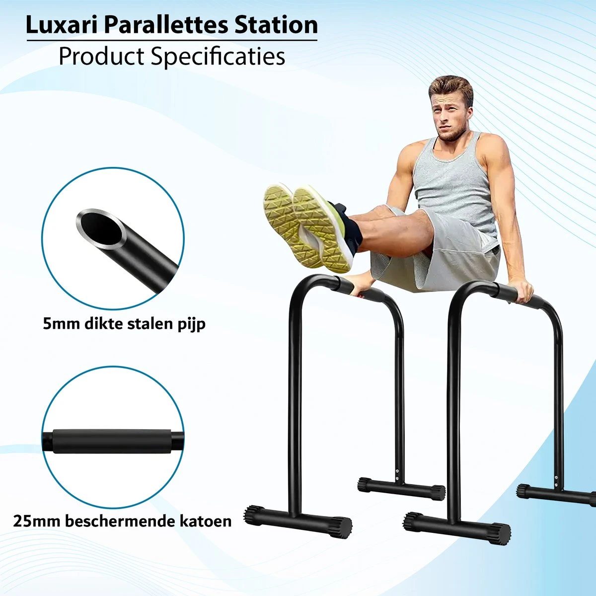 Luxari - Verstelbare Parallettes Pro - 80-90 Cm Hoogte - Anti-slip - Dip Bar - Dip Station - Krachtstation - Zwart 7 Luxari - Verstelbare Parallettes Pro - 80-90 Cm Hoogte - Anti-slip - Dip Bar - Dip Station - Krachtstation - Zwart - Afbeelding 5