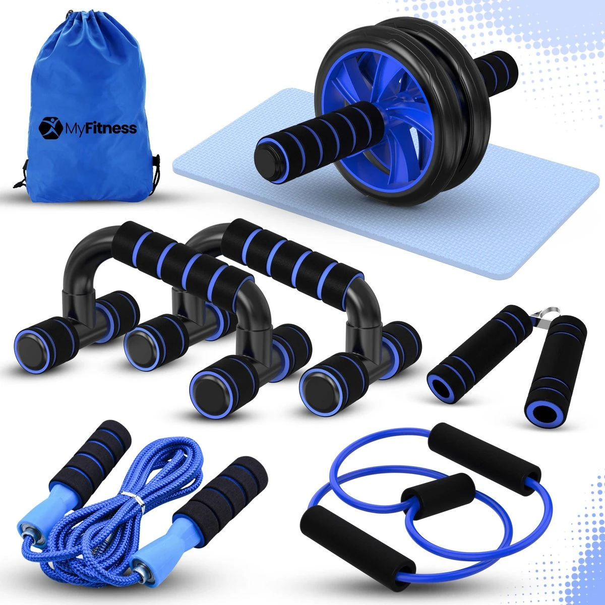 MyFitness Fitness Set 6 In 1 - Opdruksteunen - Push Up Bars - Ab Roller - Springtouw - Weerstandsbanden - Yoga Mat - Thuis Fitness - Blauw 3 MyFitness Fitness Set 6 In 1 - Opdruksteunen - Push Up Bars - Ab Roller - Springtouw - Weerstandsbanden - Yoga Mat - Thuis Fitness - Blauw