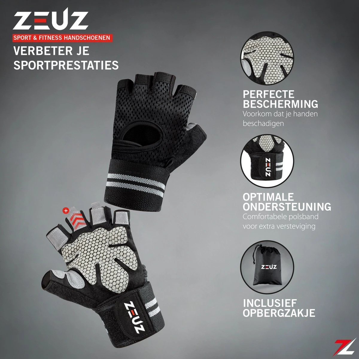 ZEUZ® Sport & Fitness Handschoenen Heren & Dames – Krachttraining – Crossfit – Grijs & Zwart – Maat L 4 ZEUZ® Sport & Fitness Handschoenen Heren & Dames – Krachttraining – Crossfit – Grijs & Zwart – Maat L - Afbeelding 2