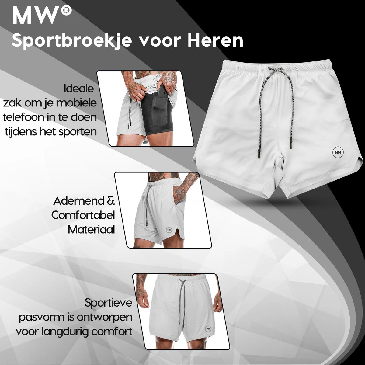 MW® Sportbroek Heren - Fitnessbroek - Sportkleding - 2 In 1 Shorts - Hardloopbroek (Grijs - M) 5 MW® Sportbroek Heren - Fitnessbroek - Sportkleding - 2 In 1 Shorts - Hardloopbroek (Grijs - M) - Afbeelding 3