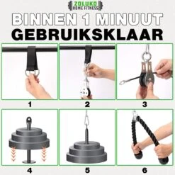 Zoluko Home Fitness Kabelsysteem 14-delig Set - Krachtstation Voor Thuis Sporten - Incl. E-book - Incl. Triceps Touw, Biceps Stang En Handgrepen - 100kg Draagkracht - Eenvoudige Bevestiging - Krachttraining - Lat Pulley - Home Gym - Zwart/Zilver -Merkloos Winkel 1200x1200 5907