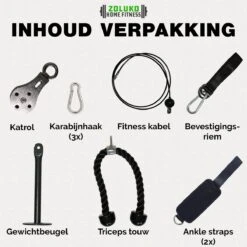 Zoluko Home Fitness Kabelsysteem 10-delig Set - Krachtstation Voor Thuis Sporten - Incl. E-book - Incl. Triceps Touw En Enkel Straps - 100kg Draagkracht - Eenvoudige Bevestiging - Krachttraining - Lat Pulley - Home Gym - Zwart/Zilver -Merkloos Winkel 1200x1200 5919