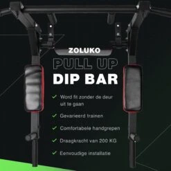 Zoluko Professionele Dip & Pull Up Bar Wandmontage - Incl. Weerstandsband Medium En E-book - 200kg Draagkracht - Dip Station - Eenvoudige Bevestiging - 2 In 1 Pull Up Station En Dip Station - Optrekstang Fitness - Dip Bars - Chin Up Bar - Zwart/Rood -Merkloos Winkel 1200x1200 5925