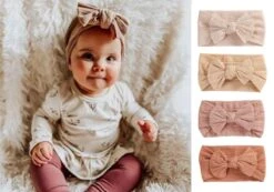 4 Stuks - Baby Haarbandjes Met Strik (0-3 Jaar) - Roestbruin Zand Beige