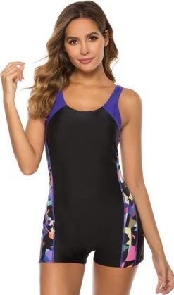 Legsuit Badpak Dames - Badpak Met Broekpijpjes - Kleur Zwart Met Diverse Kleuren Mosaic Patroon - Maat M