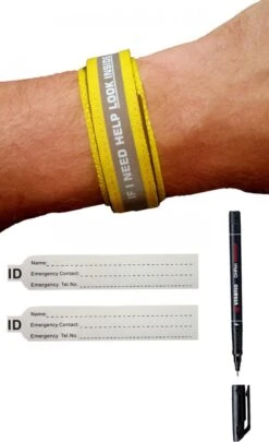 Merkloos SOS Armband Volwassenen Geel - Reflecterend, Inclusief Pen En Reservekaartje - Naambandje / ID Armband / Sport Infobandje / Alarmbandje