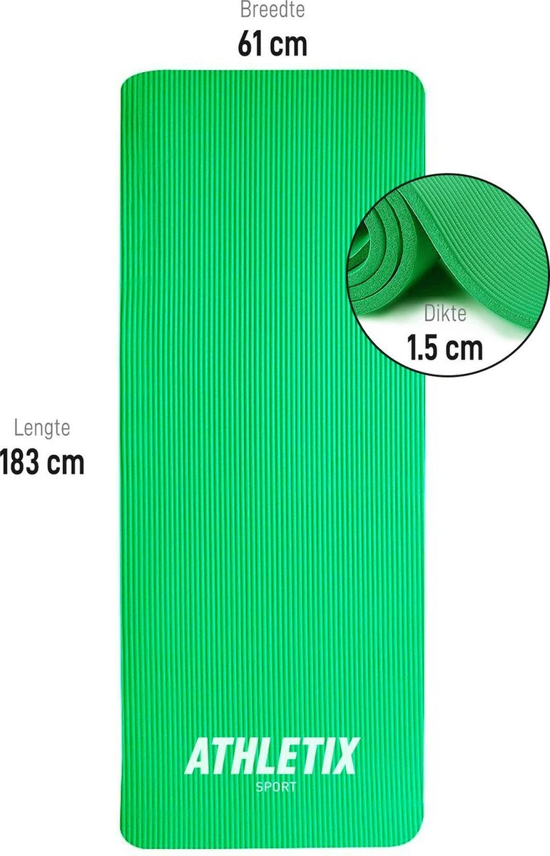 Athletix® Premium NBR Fitnessmat - Yogamat - 183 X 61 X 1.5 Cm - Met Draagriem En Draagtas - Groen 6 Athletix® Premium NBR Fitnessmat - Yogamat - 183 X 61 X 1.5 Cm - Met Draagriem En Draagtas - Groen - Afbeelding 4