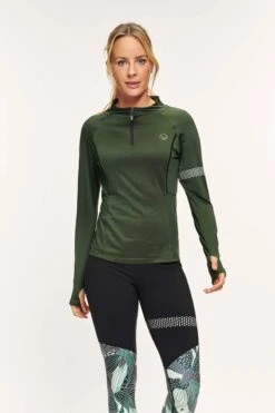 Active Panther T-shirt Julia Solid Zip Army Green, Dames Loopshirt Sport Training Shirt Met Lange Mouwen, -Merkloos Winkel 800x1200 253