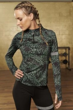 Active Panther Julia Zip Leo Top In De Kleur Groen, Dames Loopshirt Sport Training Shirt Met Lange Mouwen, -Merkloos Winkel 800x1200 268