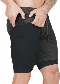 Merkloos 2 In 1 Short Sportbroek Met Mobiel Zak Heren - Zwart - Maat XL (Valt Klein)